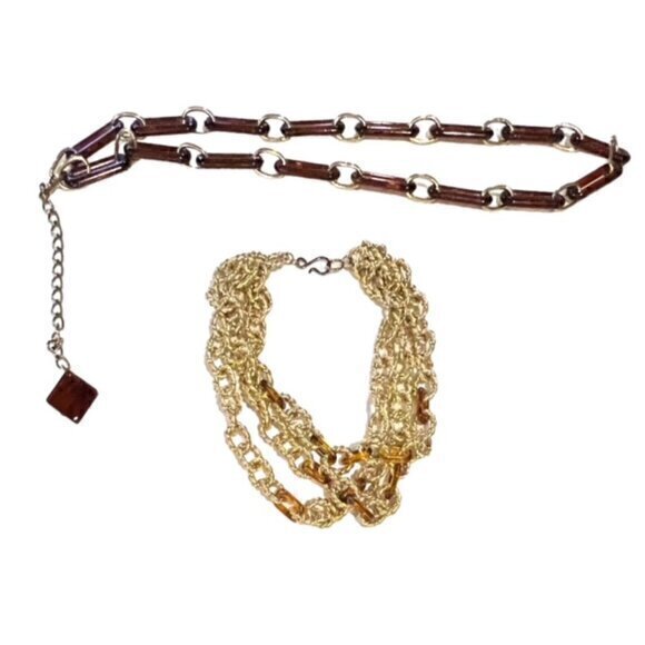 Chunky‎ Link Faux Tortoise Shell And Gold Necklace and Belt Set BOHO Preppy EUC - Picture 1 of 10
